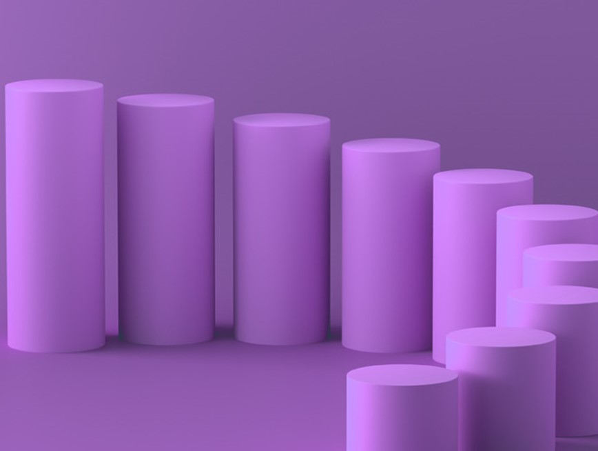 A group of purple cylinders resembling cups and candles in various shapes and sizes are arranged in a row on a purple background.