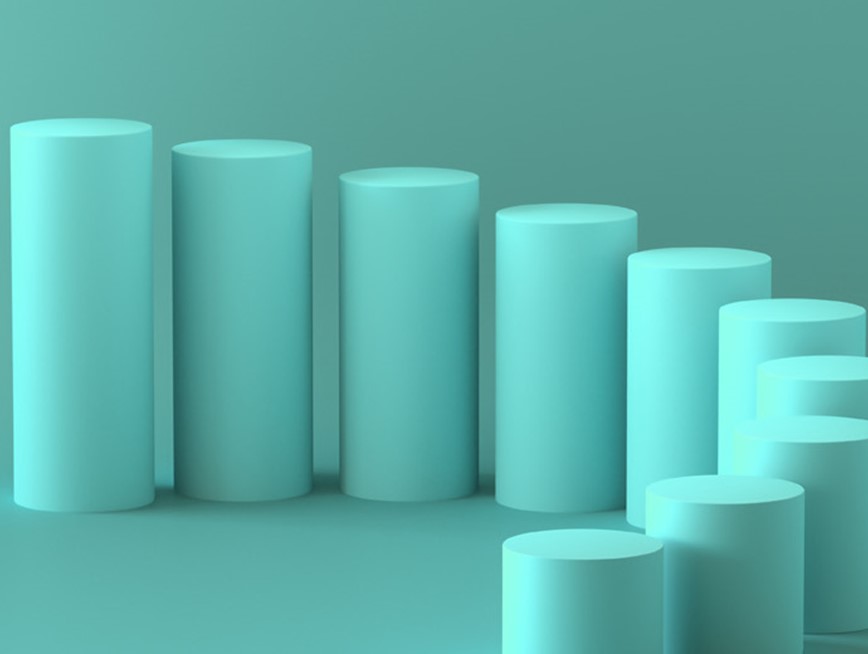 A group of teal cylinders resembling cups and candles in various shapes and sizes are arranged in a row on a teal background.