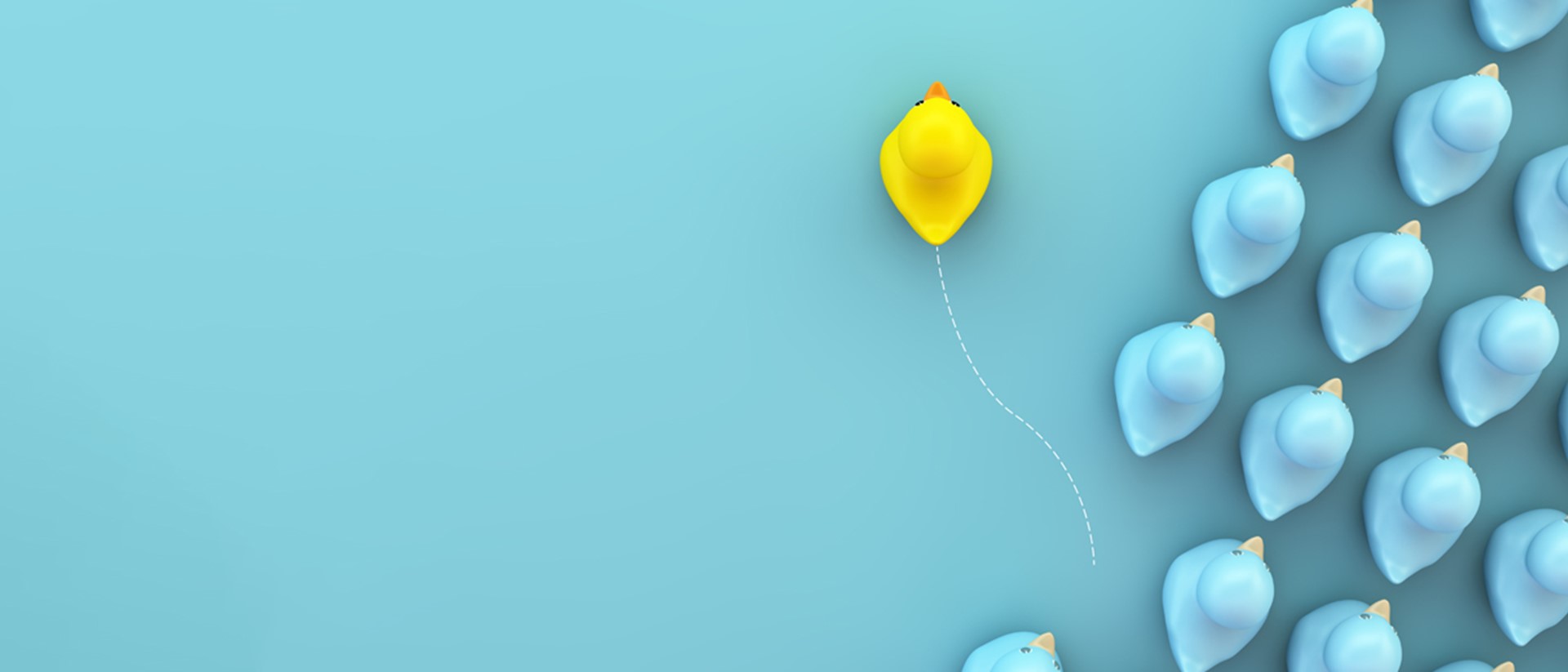 Image of a yellow rubber duck moving away from a pack of blue rubber ducks against a blue background