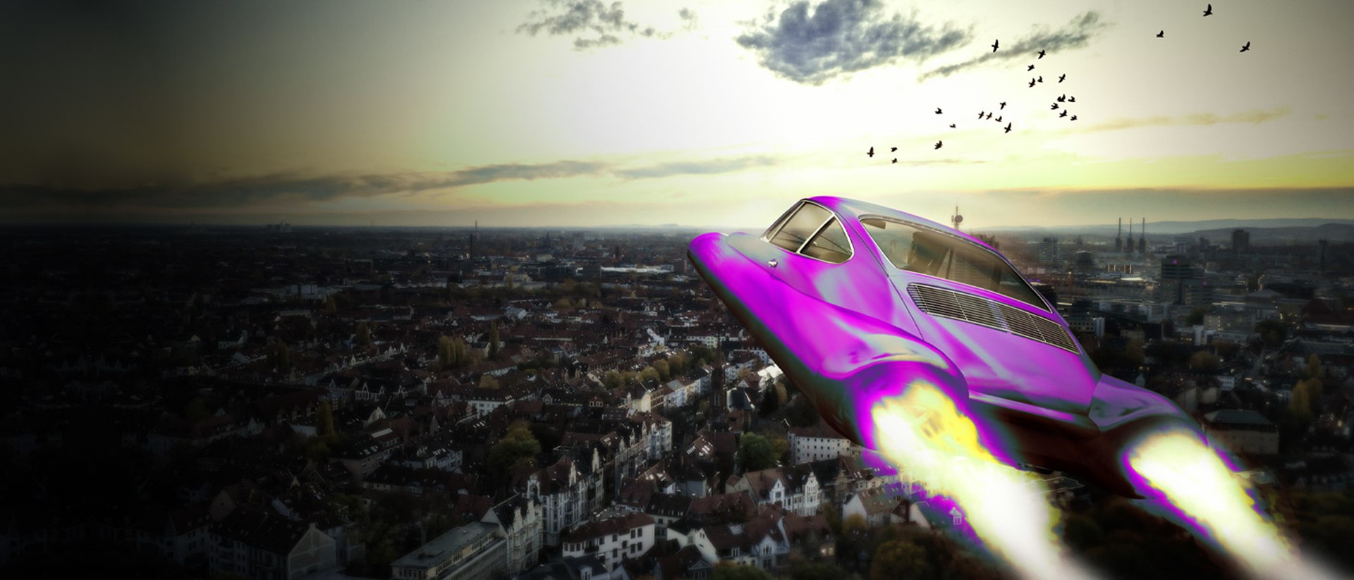 Image of a purple space car flying through the sky