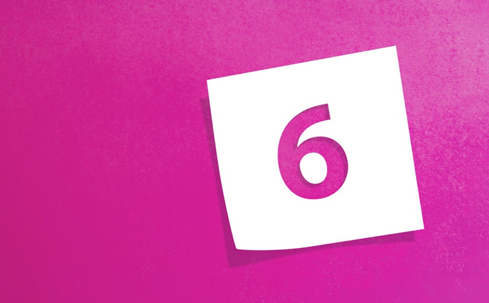 Image of a pink number 6 on a white sticky note against a pink background