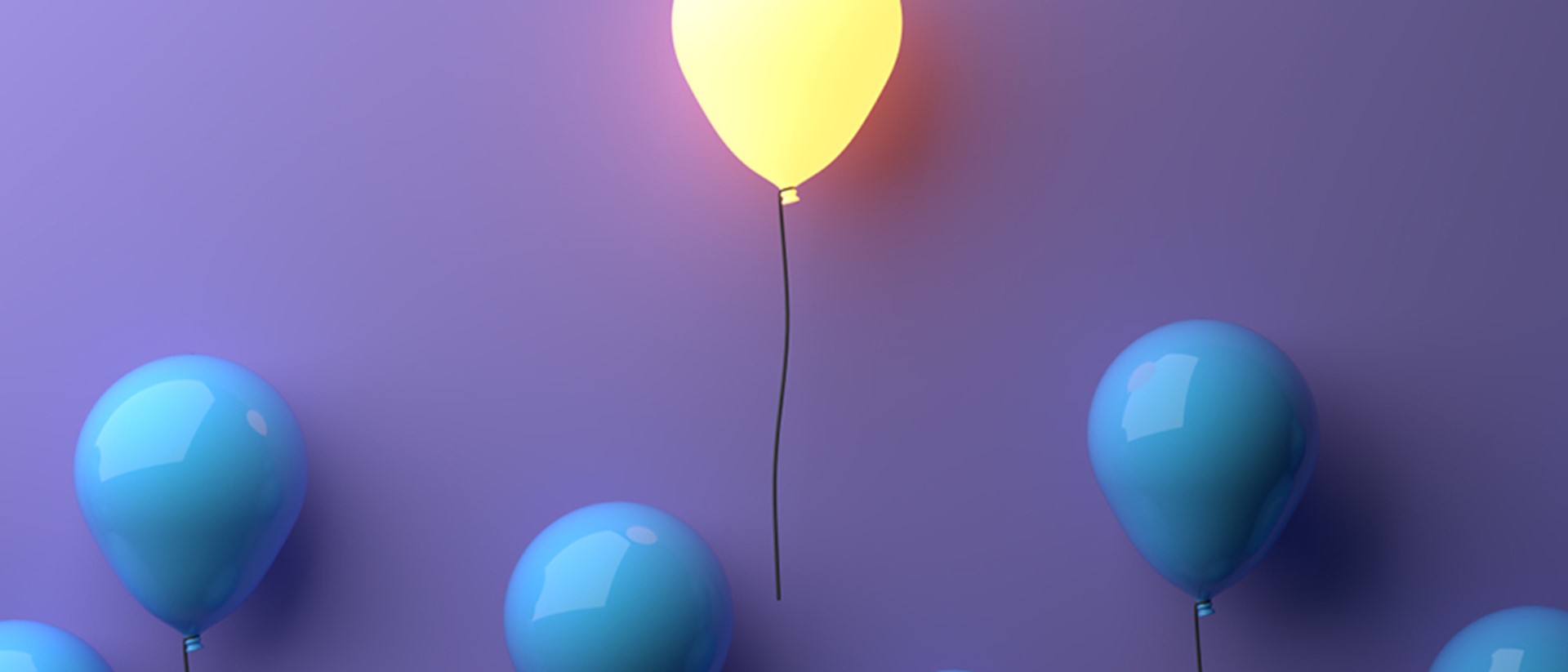 Image of 3 blue balloons and 1 yellow balloon on a purple background
