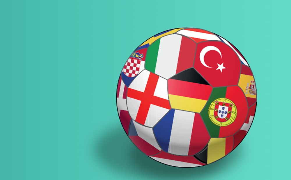 Image of a football with flags of European countries on a teal background