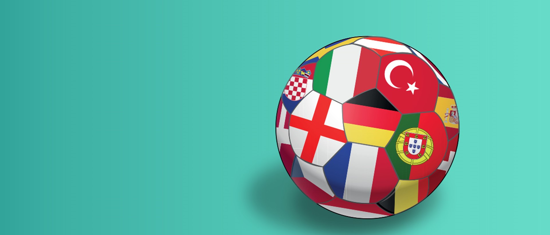 Image of a football with flags of European countries on a teal background
