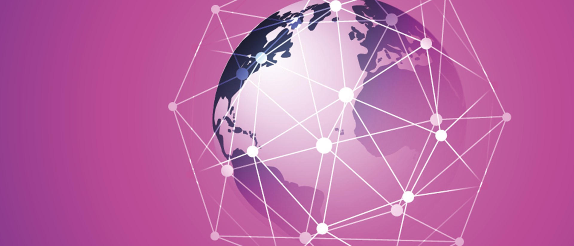 Image of the world with dots and wires wrapped around it on a pink background