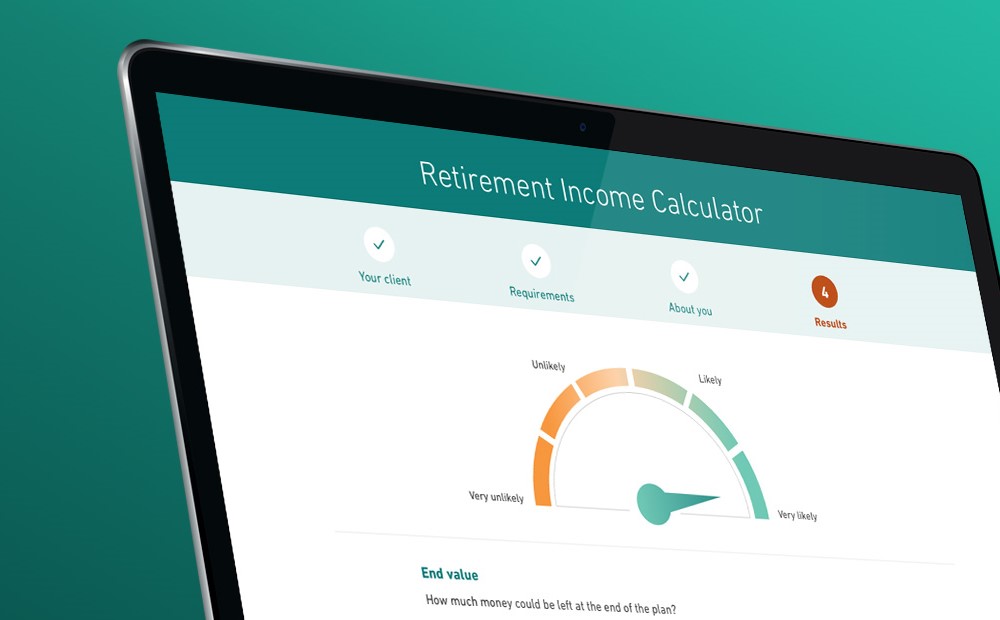 Image of the Retirement Income Calculator displayed on a laptop on a teal background