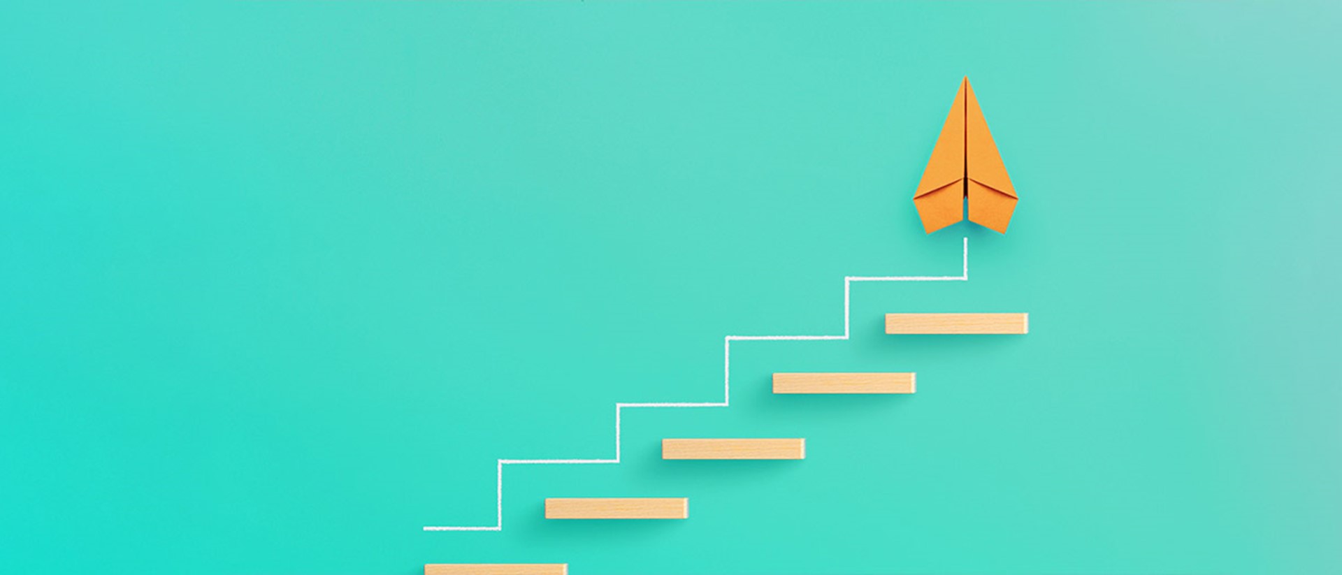 Image of an orange paper airplane going up some steps on a teal background