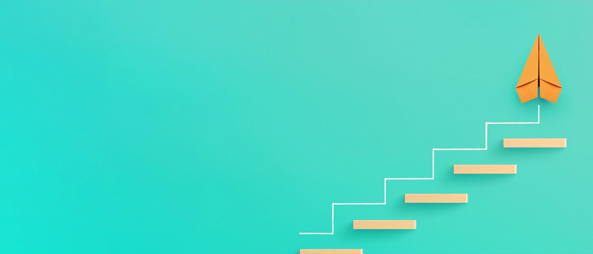 Image of an orange paper airplane going up some steps on a teal background