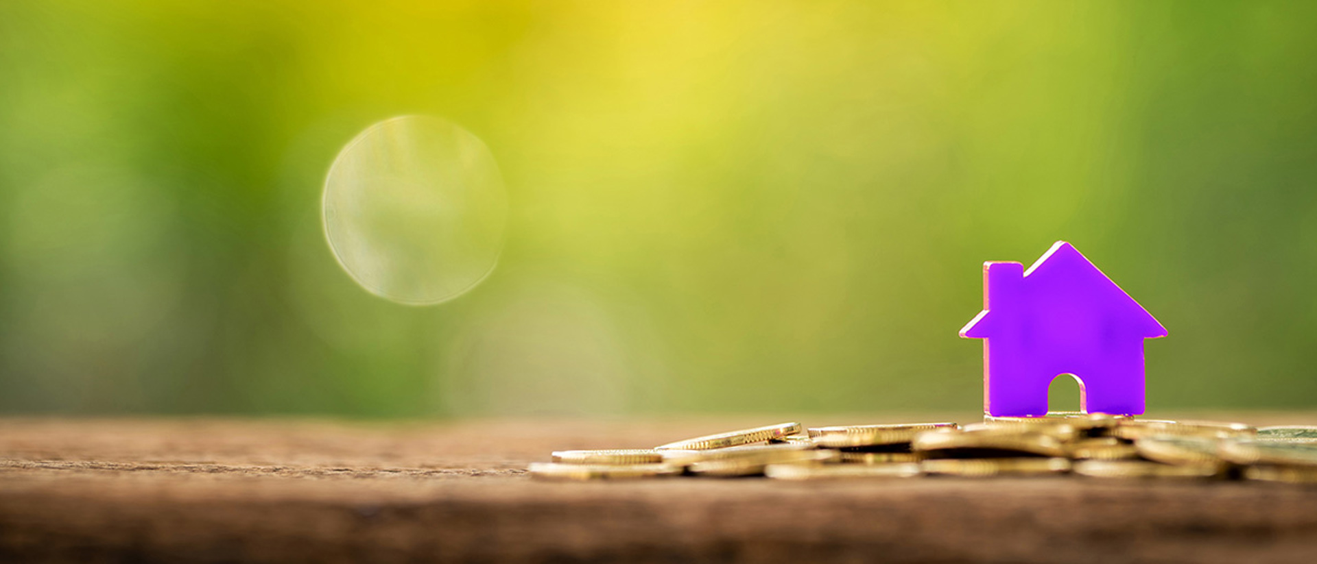 Image of a purple house on top of a stack of coins with a green background