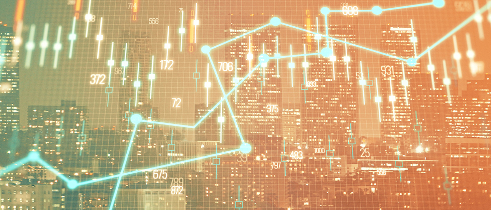 Image of an investment chart on an orange background with skyscrapers in the background