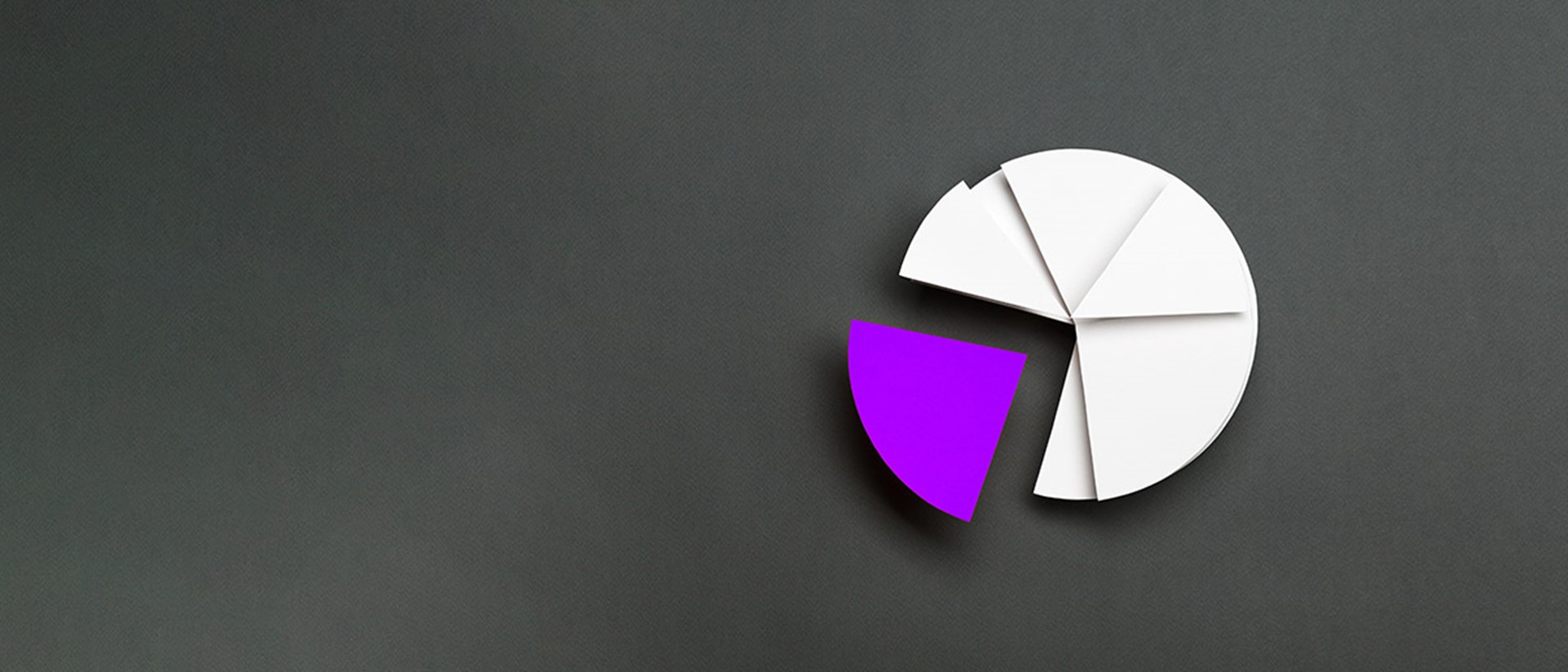 Image of a white pie chart with a purple slice taken out of it on a black background