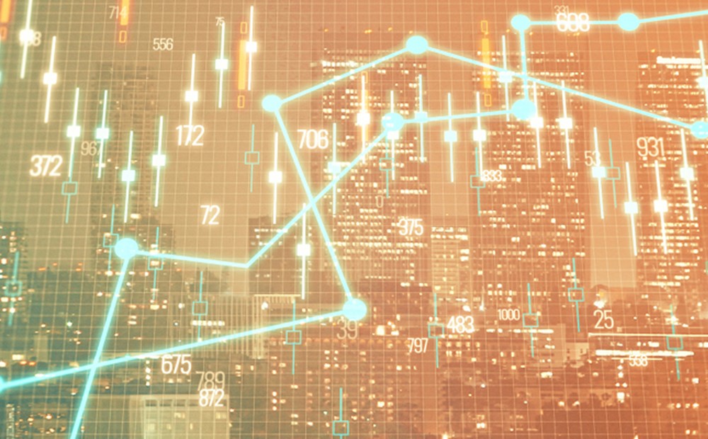 Image of an investment chart on an orange background with skyscrapers in the background