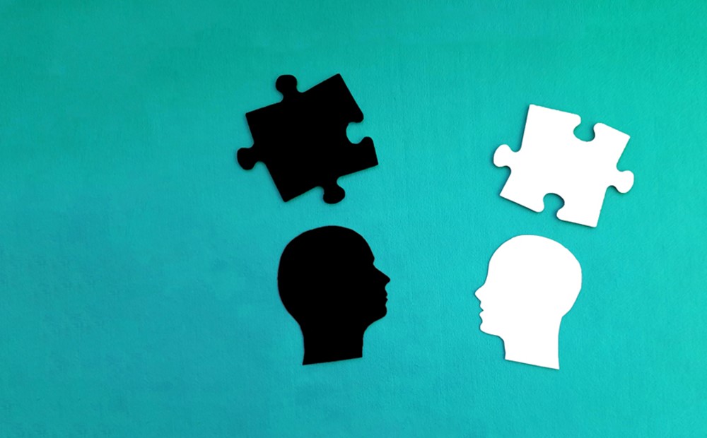 Image of two head cut-outs with a puzzle piece above each one on a teal background