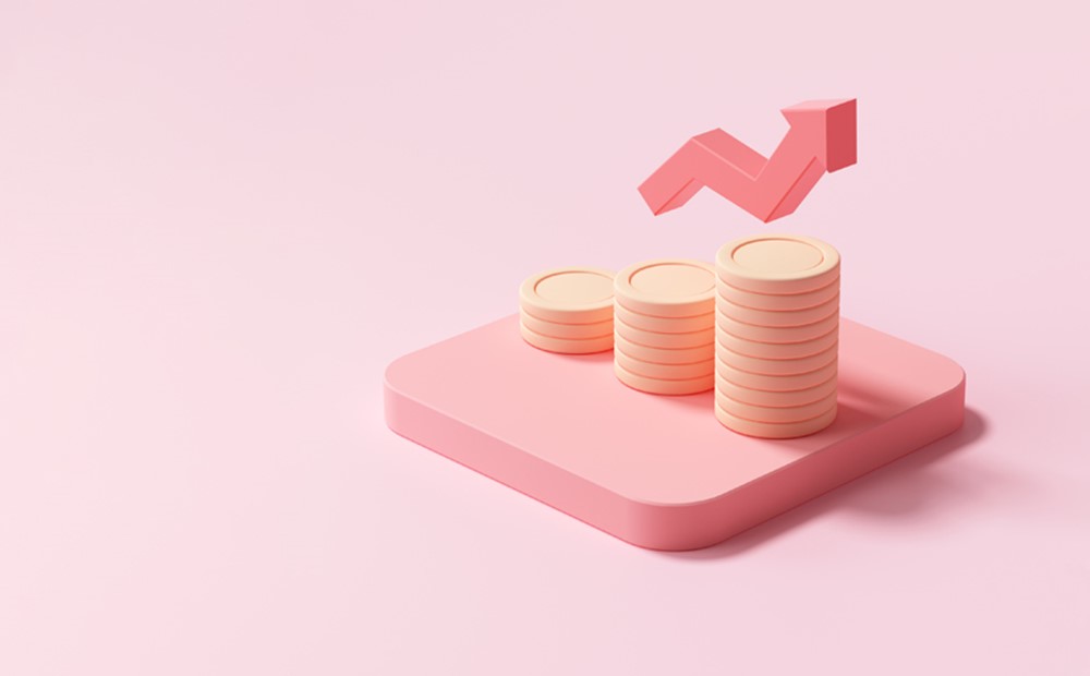 Image of a stack of pink coins with an pink arrow going up against a pink background