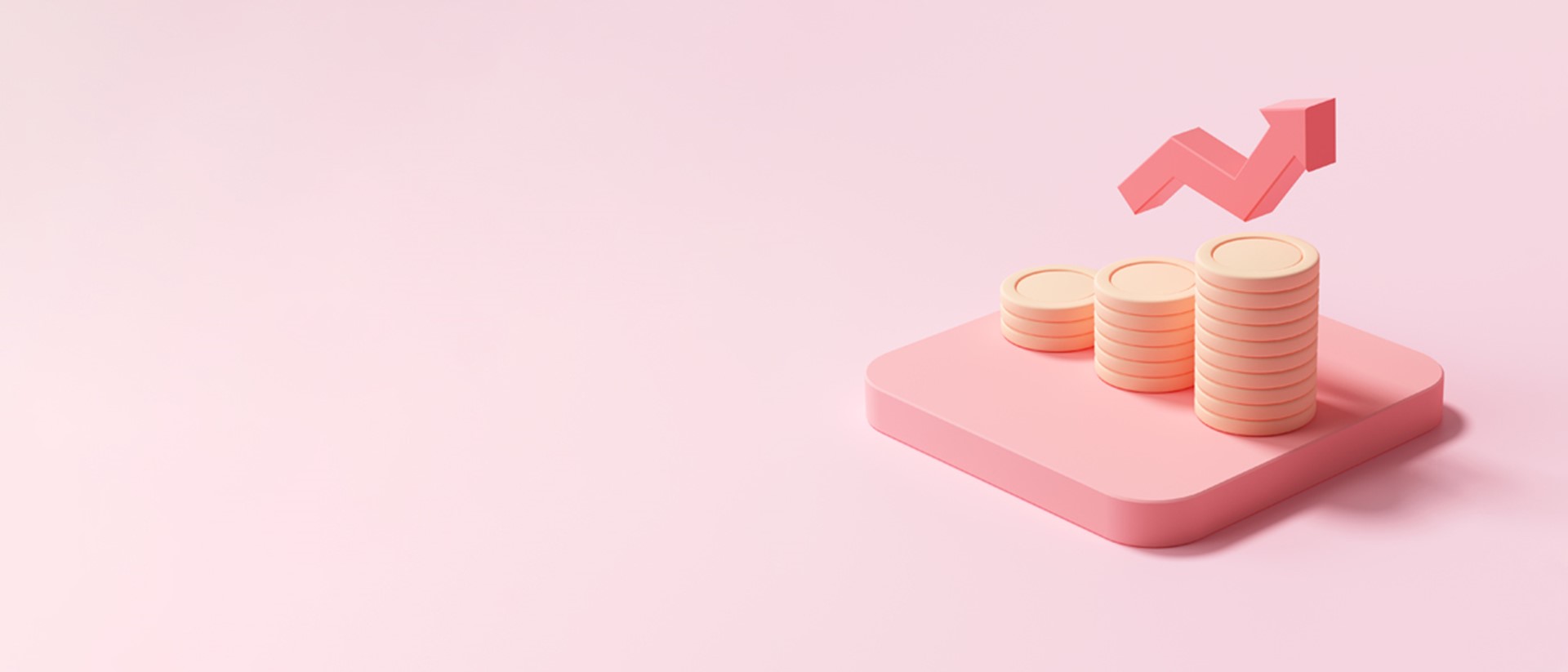 Image of a stack of pink coins with an pink arrow going up against a pink background