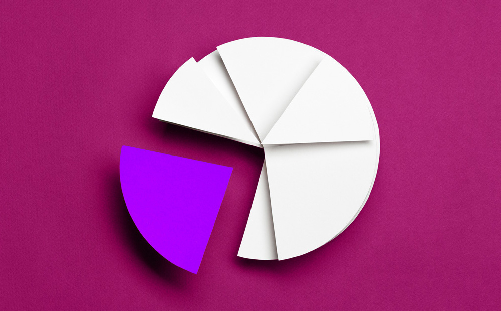 A white and purple pie chart against a pink background