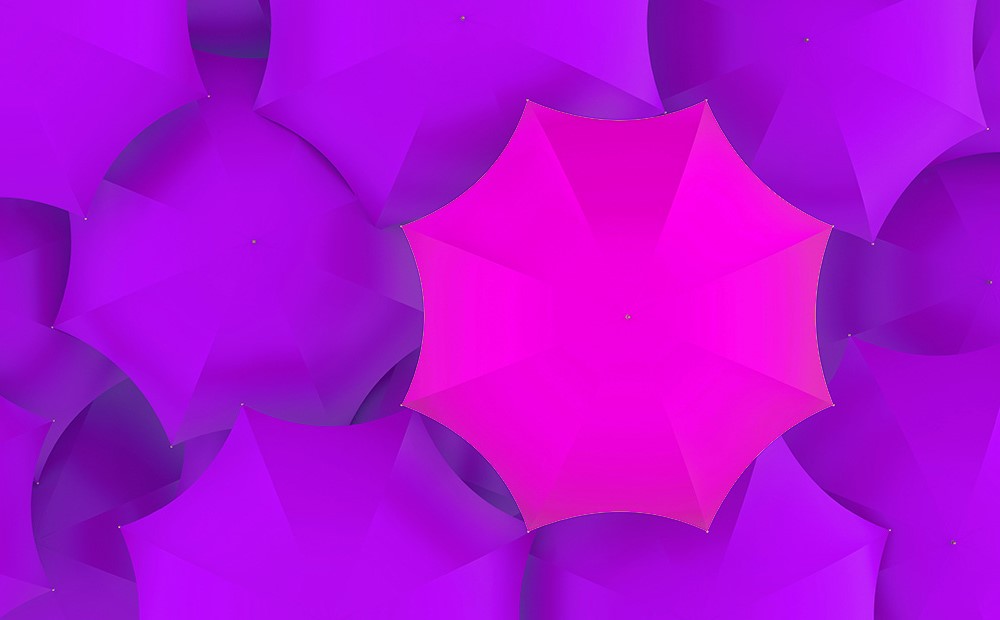 Image of purple and pink umbrellas from a top down perspective