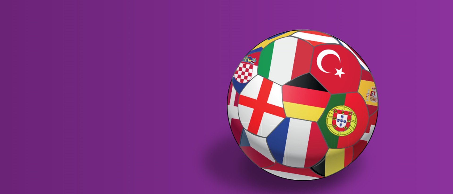 Image of a football with flags of European countries on a purple background
